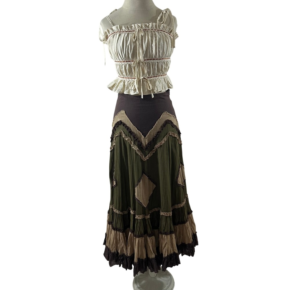 Lucy Paris Olive Green and Cream Patchwork Maxi Skirt